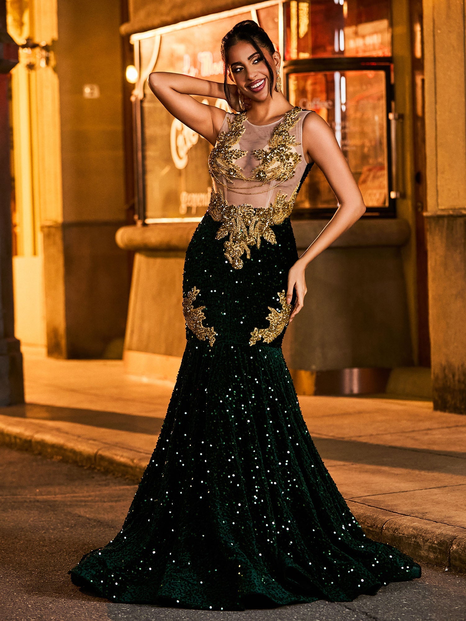 Schillernd Strasssteinen Verziert Meerjungfrau Ballkleid Dunkelgrün